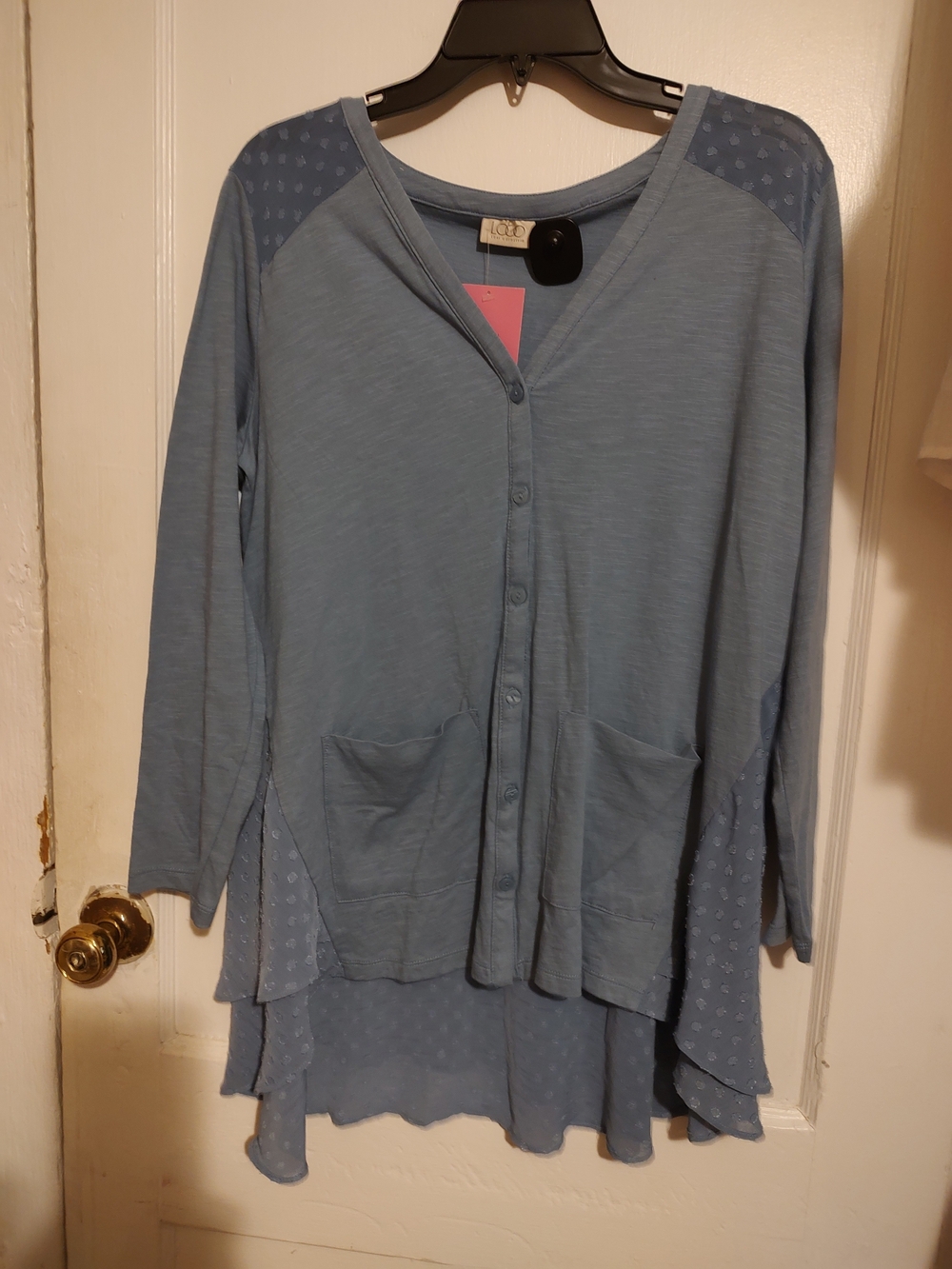 Labor Day SpeciLOGO by Lori Goldstein Pale Blue Layered Button-Front Women's Top